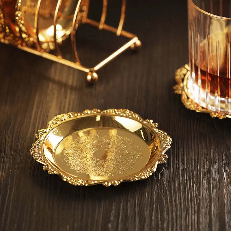 Image of Round luxury tableware gold vintage plate set with stand for elegant dining and events