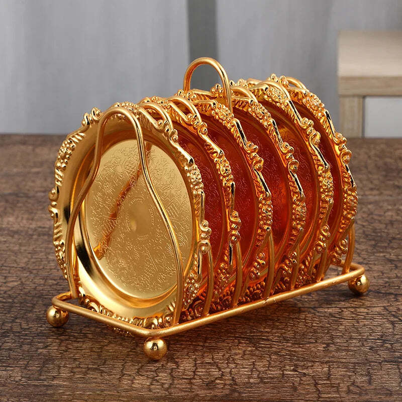 Image of Round luxury tableware gold vintage plate set with stand for elegant dining and events