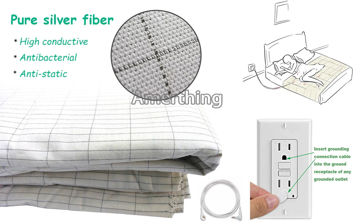 Image of Silver fiber earthing flat bedsheet with grounding cord for health and stress relief