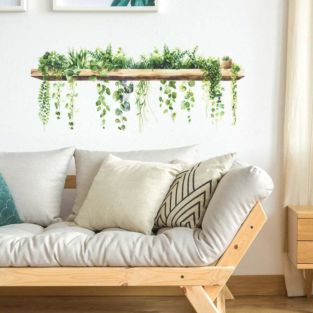 Image of Small fresh green plant leaves wall stickers for bedroom and living room decor