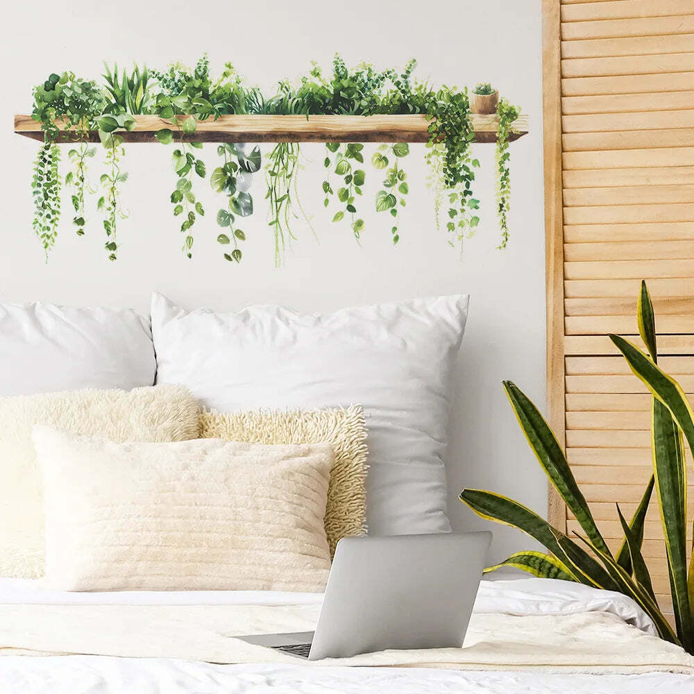 Image of Small fresh green plant leaves wall stickers for bedroom and living room decor