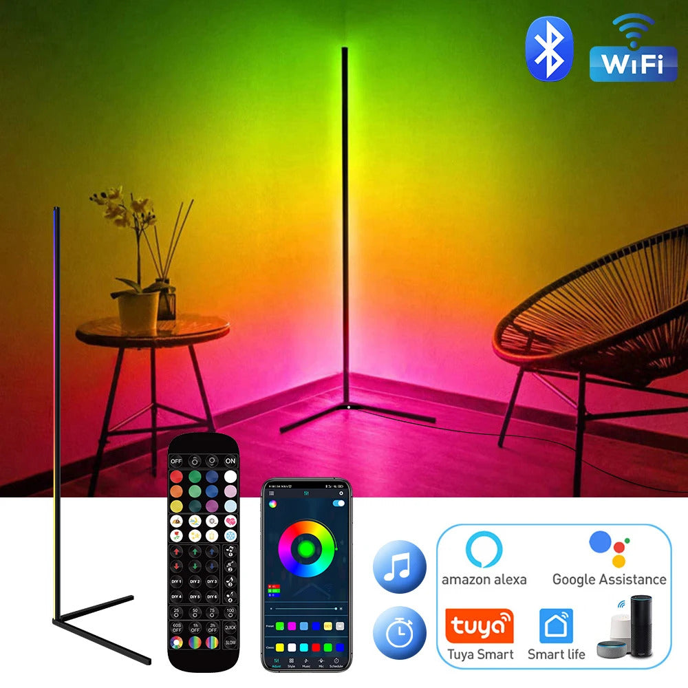 Image of Smart RGB corner floor lamp with WiFi control and music sync for mood lighting