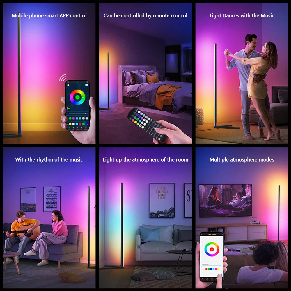 Image of Smart RGB corner floor lamp with WiFi control and music sync for mood lighting