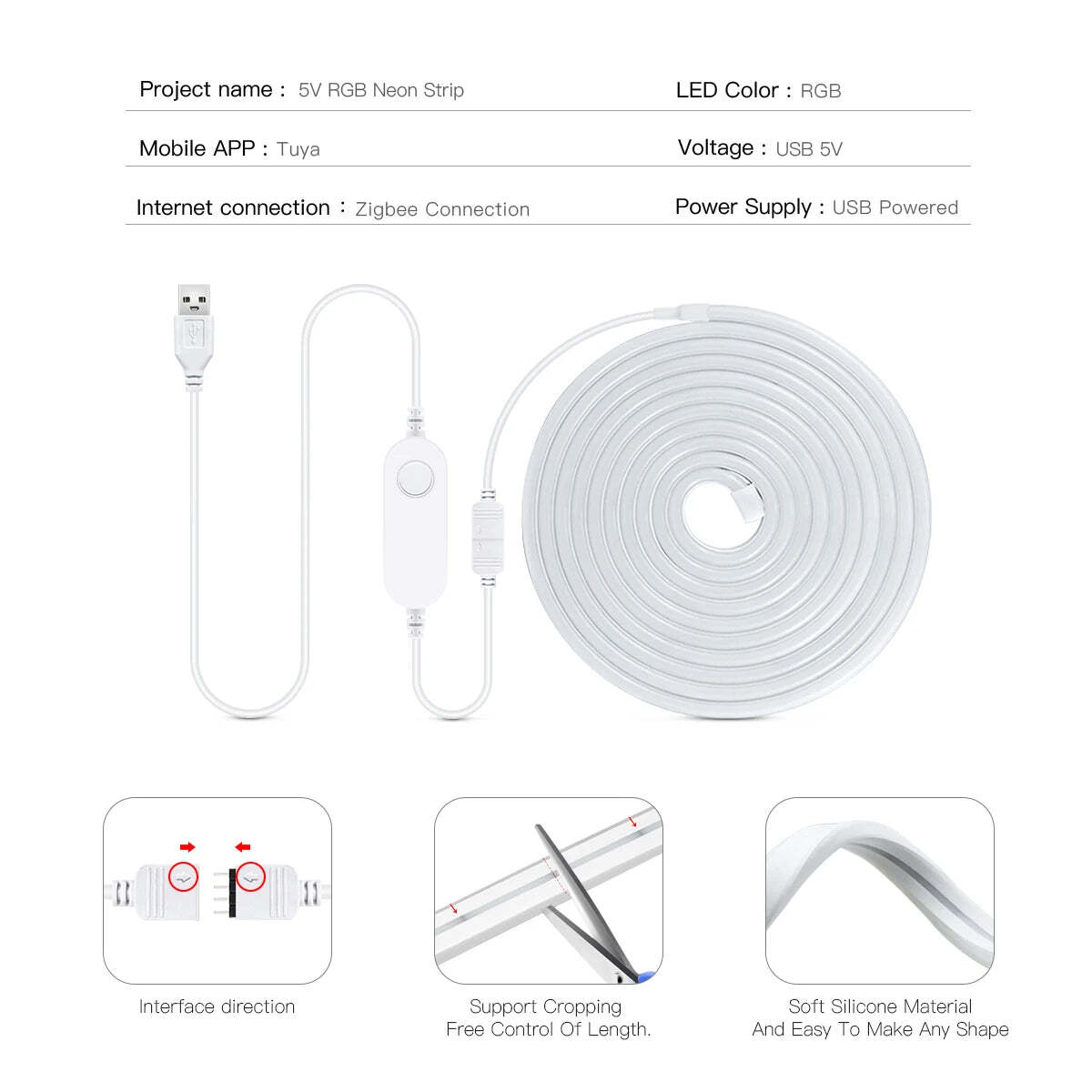 Image of Smart RGB LED neon strip light with USB control and voice compatibility