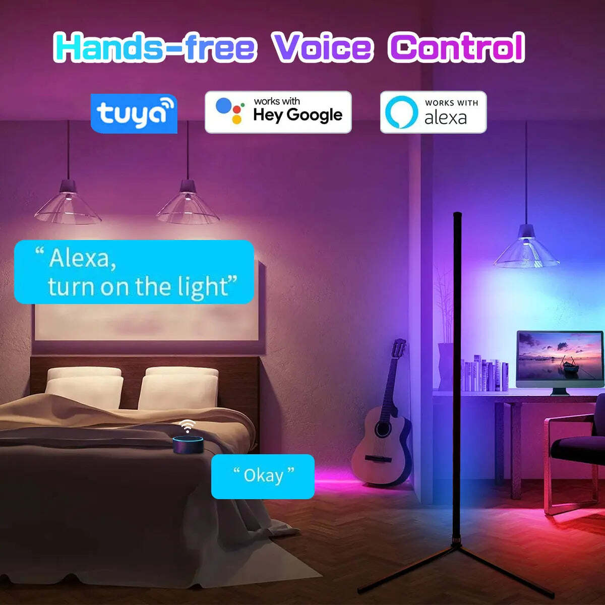 Image of Smart Tuya corner floor lamp with RGB LED and remote control for modern living room decor