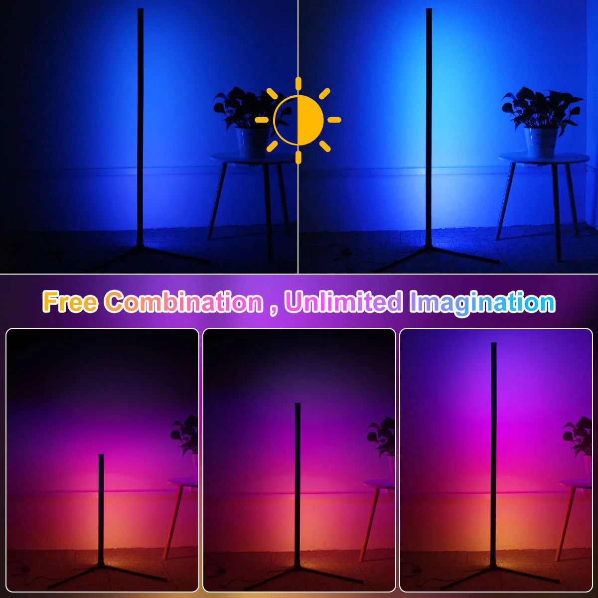 Image of Smart Tuya corner floor lamp with RGB LED and remote control for modern living room decor