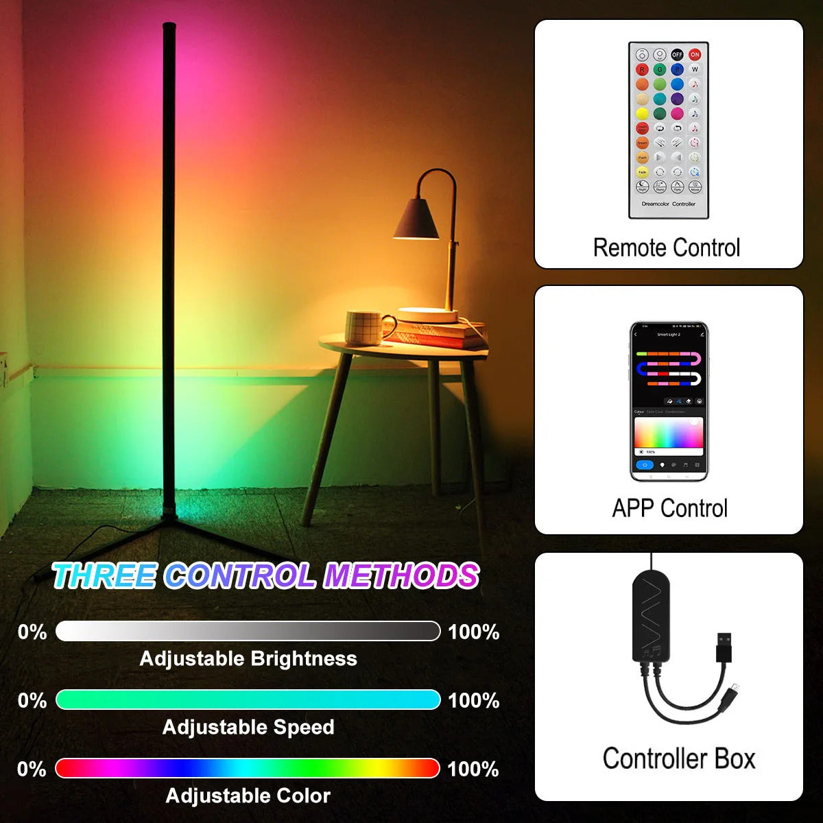 Image of Smart Tuya corner floor lamp with RGB LED and remote control for modern living room decor