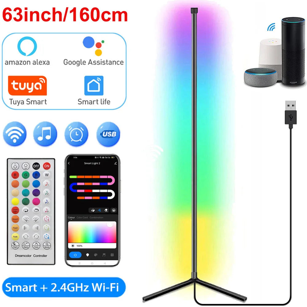 Image of Smart Tuya corner floor lamp with RGB LED and remote control for modern living room decor