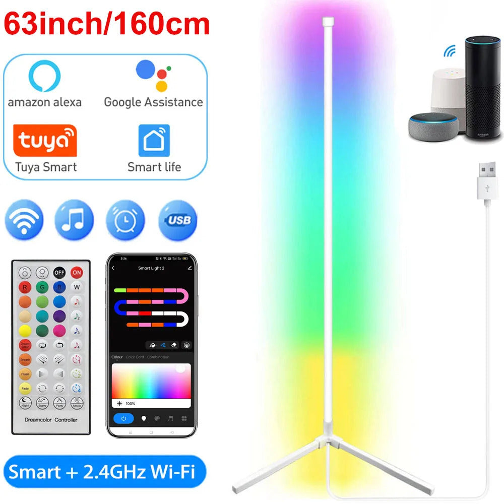 Image of Smart Tuya corner floor lamp with RGB LED and remote control for modern living room decor