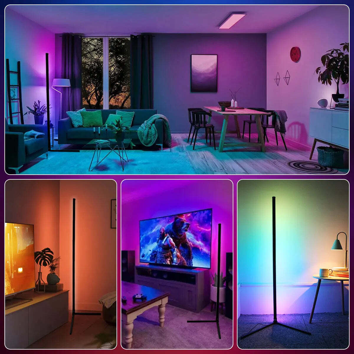 Image of Smart Tuya corner floor lamp with RGB LED and remote control for modern living room decor