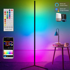 Image of Smart Tuya corner floor lamp with RGB LED and remote control for modern living room decor