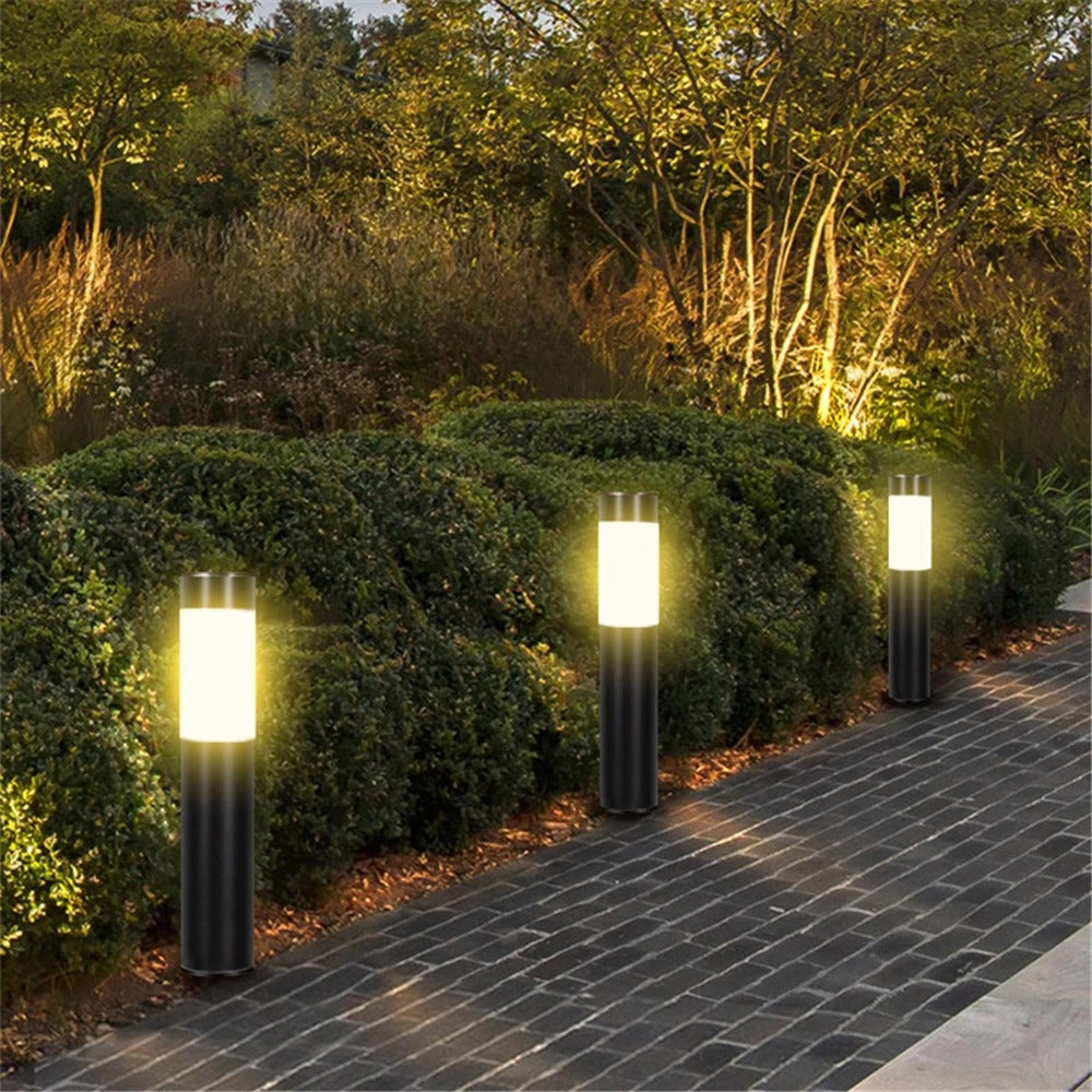 Image of Solar garden pathway lights - outdoor LED bollard lighting for patio and lawn