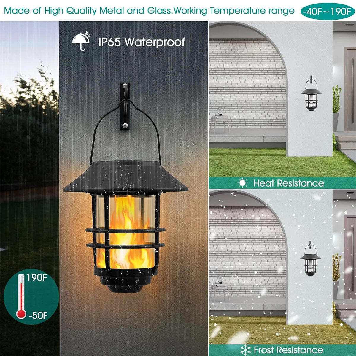 Image of Solar lantern outdoor hanging waterproof flickering flames lights with wall mount kit for garden and porch