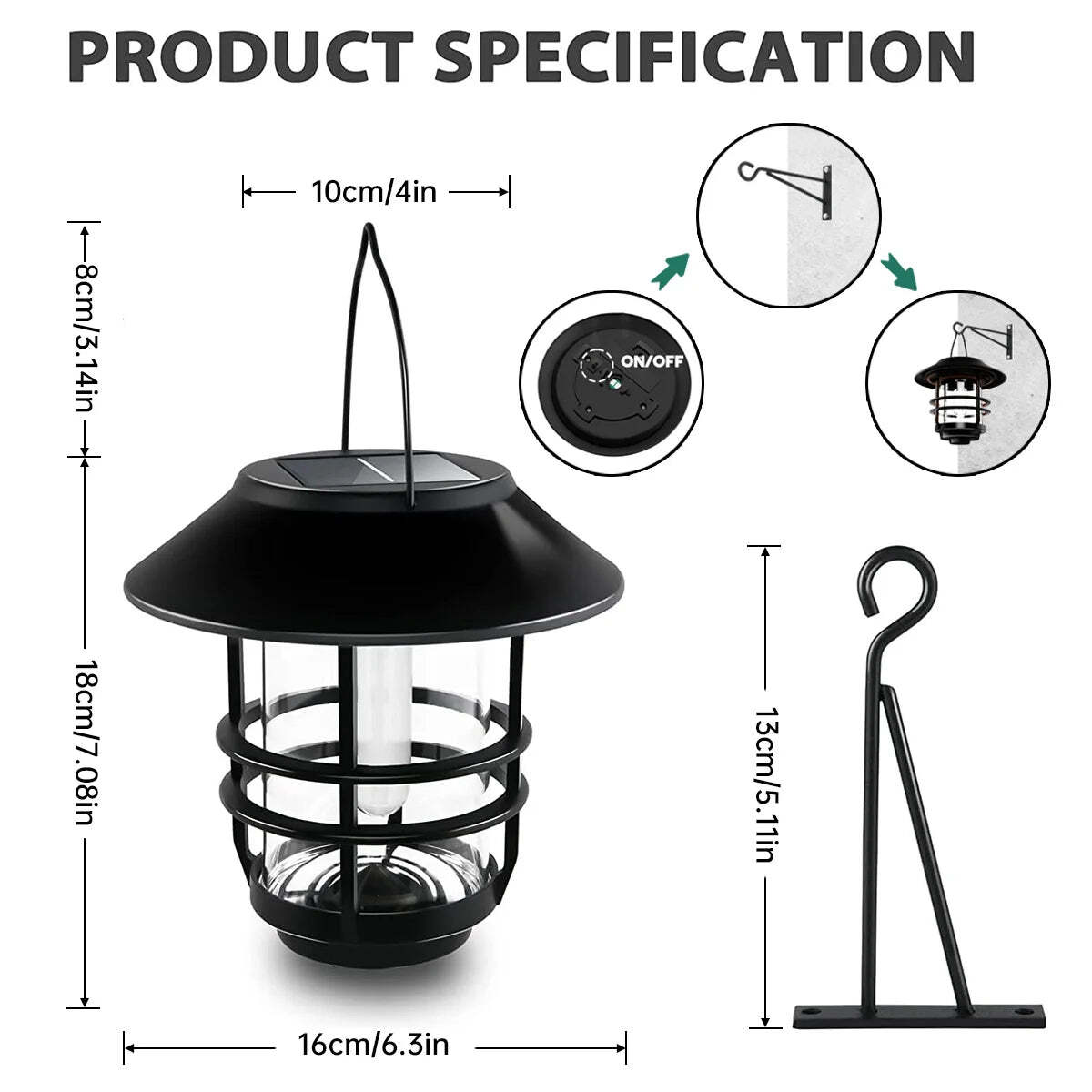 Image of Solar lantern outdoor hanging waterproof flickering flames lights with wall mount kit for garden and porch