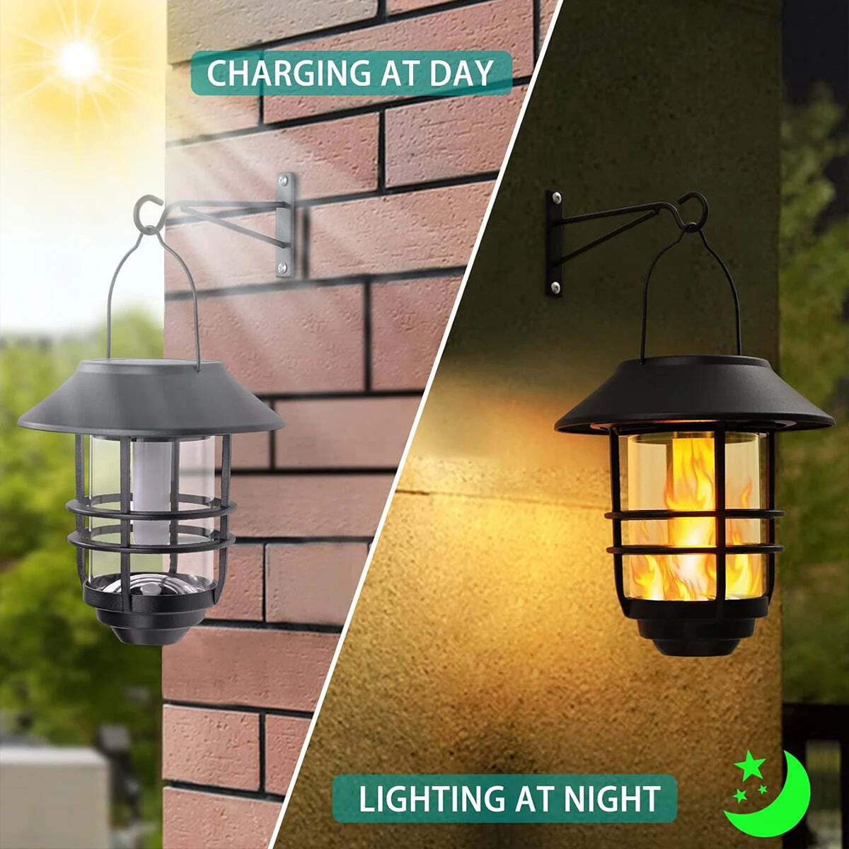 Image of Solar lantern outdoor hanging waterproof flickering flames lights with wall mount kit for garden and porch