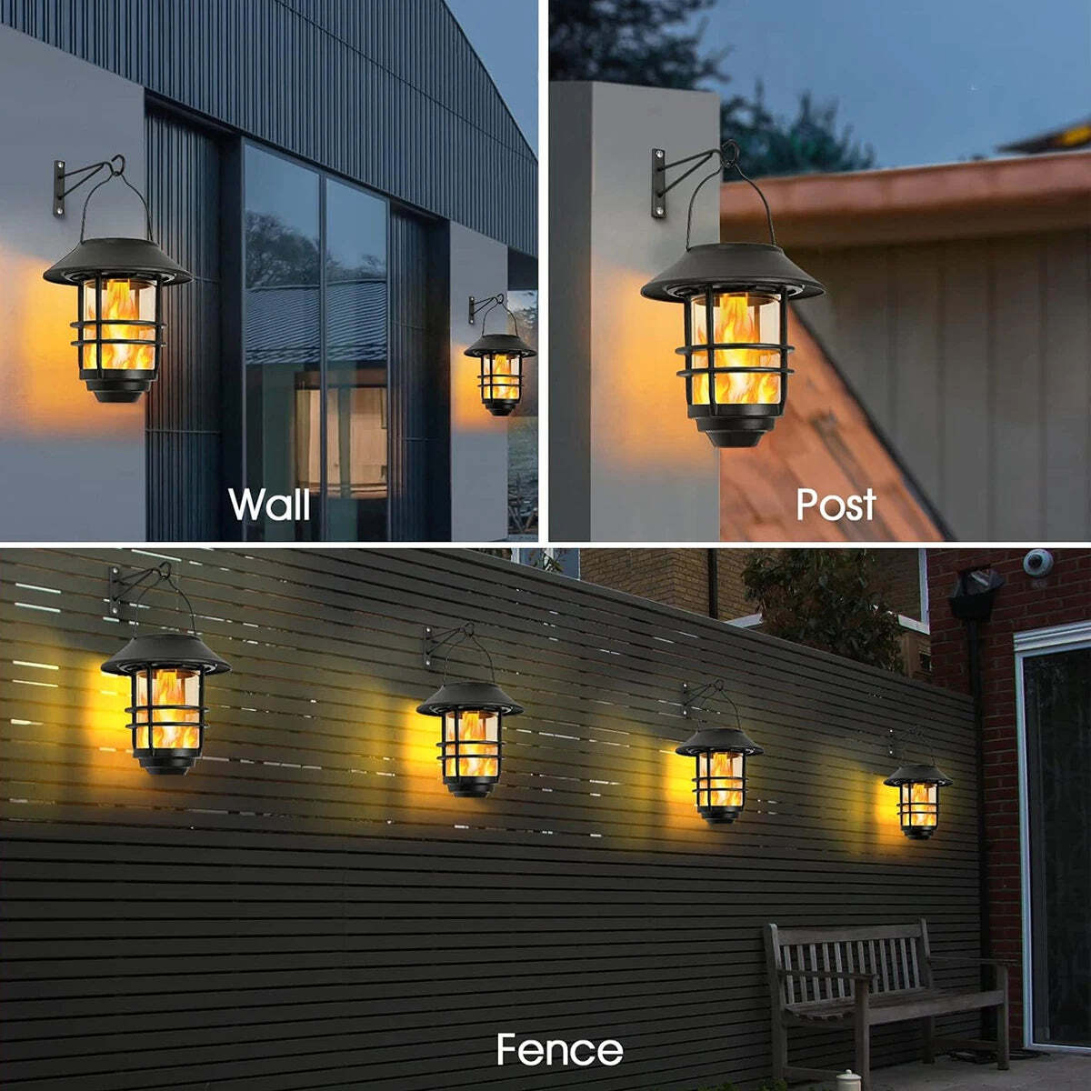 Image of Solar lantern outdoor hanging waterproof flickering flames lights with wall mount kit for garden and porch