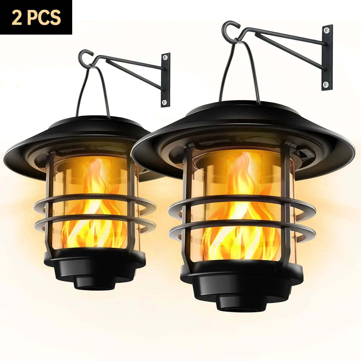 Image of Solar lantern outdoor hanging waterproof flickering flames lights with wall mount kit for garden and porch