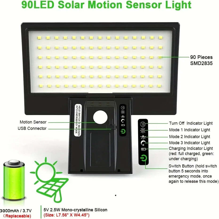 Image of Solar outdoor lights with motion sensor and waterproof security features, 4 modes, and 90 LEDs for porch, yard, and garden