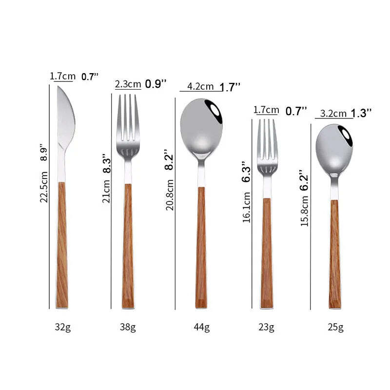 Image of Stainless steel dinnerware set with wooden handle for stylish dining