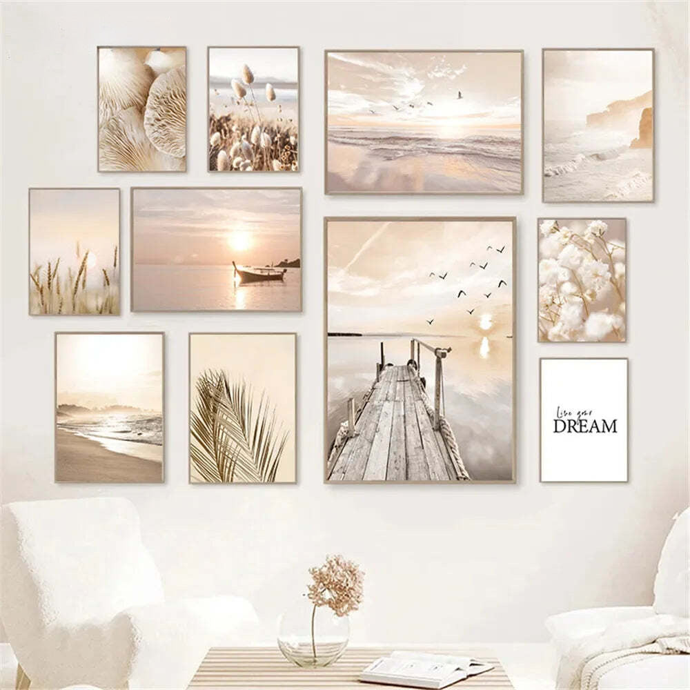 Image of Sunset lake boat bridge canvas painting with seagull beach wall art