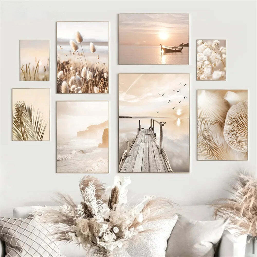 Image of Sunset lake boat bridge canvas painting with seagull beach wall art