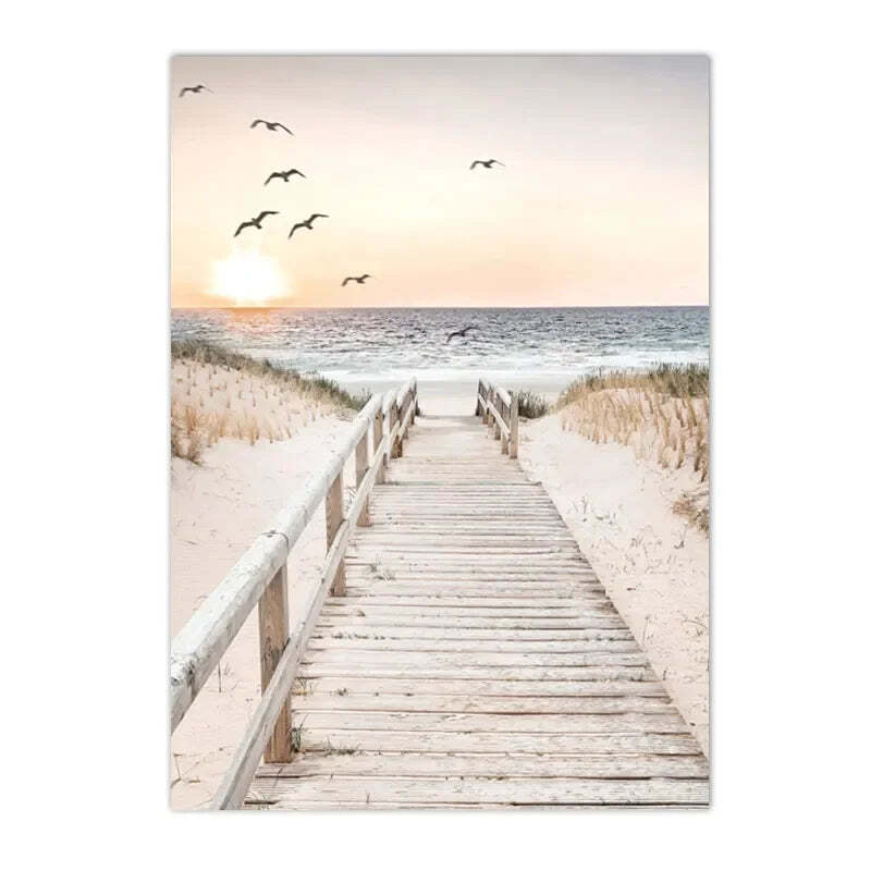 Image of Sunset lake boat bridge canvas painting with seagull beach wall art