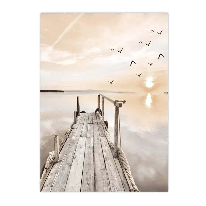 Image of Sunset lake boat bridge canvas painting with seagull beach wall art