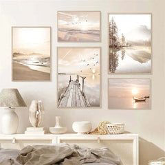 Image of Sunset lake boat bridge canvas painting with seagull beach wall art