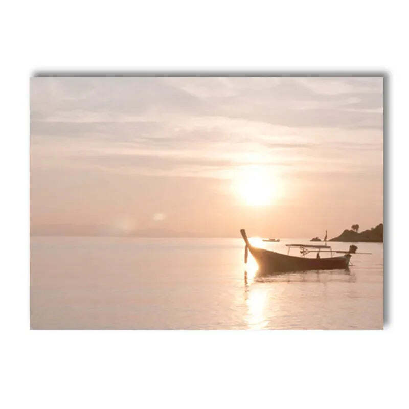 Image of Sunset lake boat bridge canvas painting with seagull beach wall art