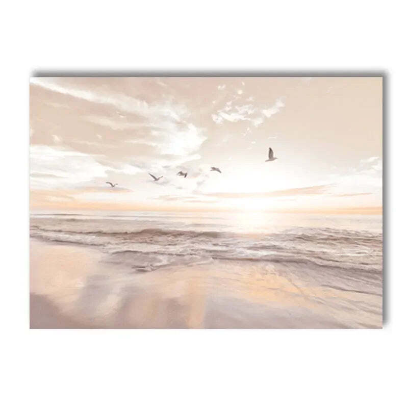 Image of Sunset lake boat bridge canvas painting with seagull beach wall art