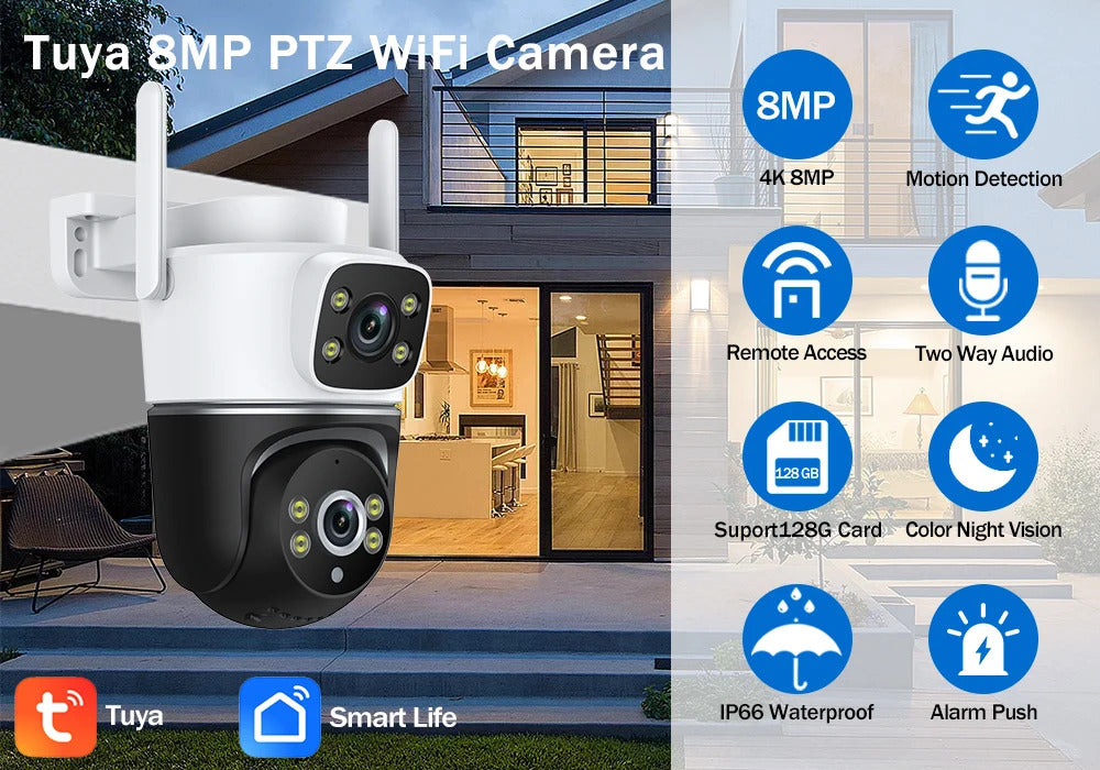 Image of Tuya 8MP dual lens WiFi security camera with auto tracking and night vision