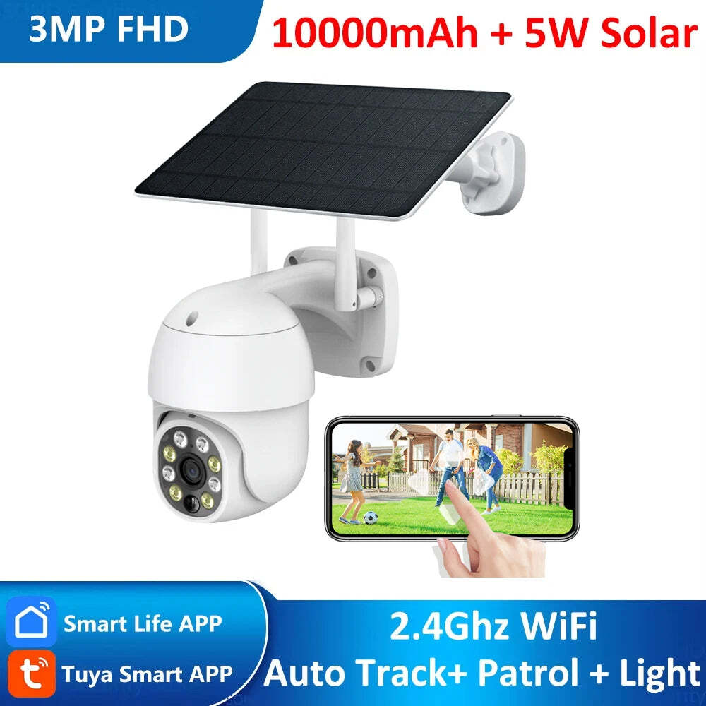 Image of Tuya Smart 3MP solar battery outdoor WiFi PTZ security camera with auto tracking and night vision