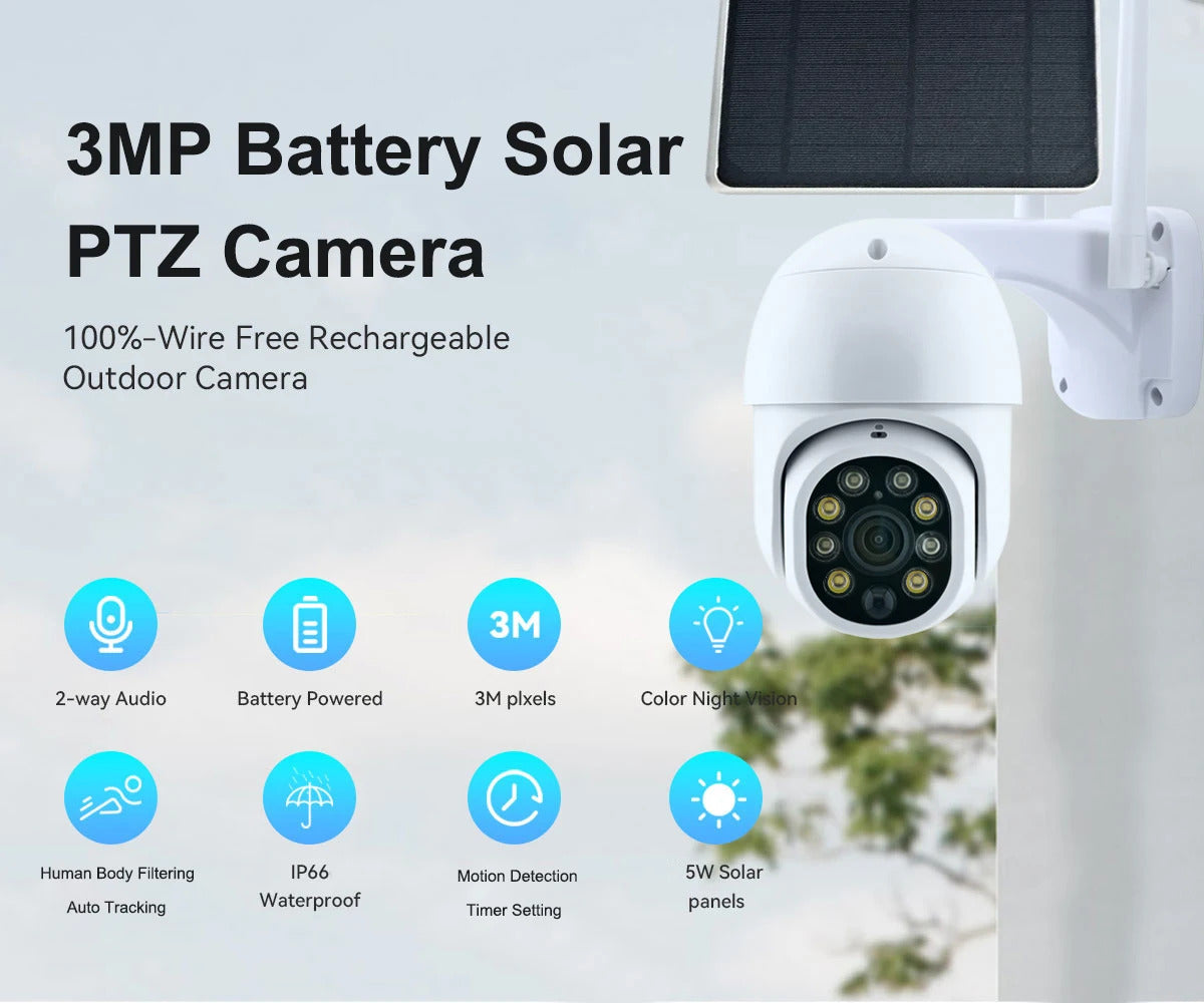 Image of Tuya Smart 3MP solar battery outdoor WiFi PTZ security camera with auto tracking and night vision