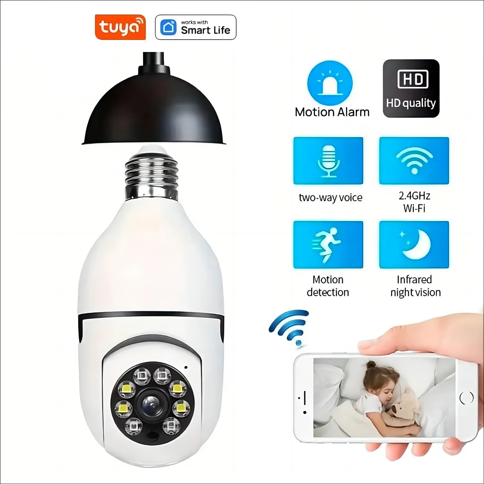 Image of Tuya smart WiFi E27 light bulb camera with two-way audio and motion detection