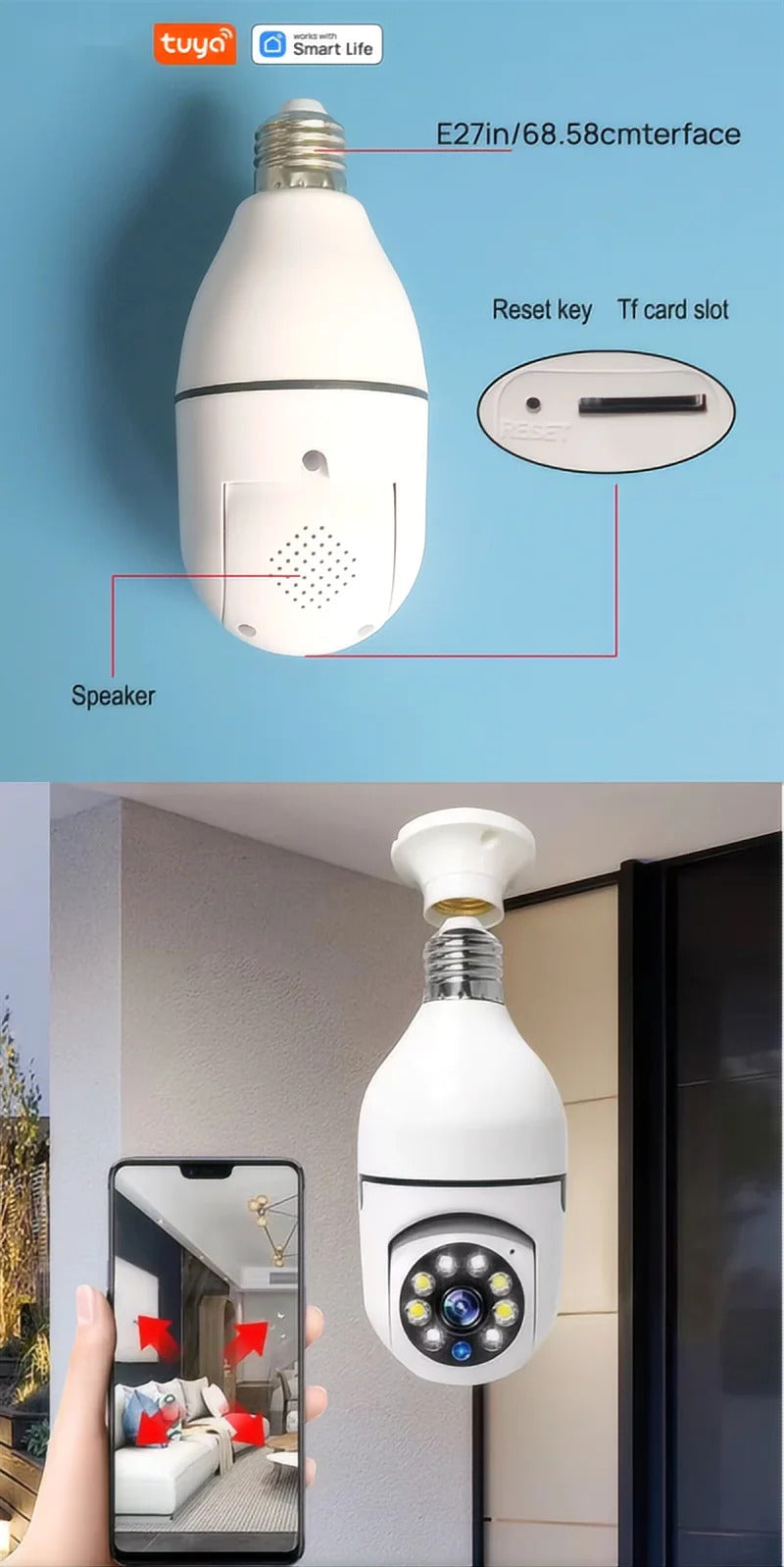 Image of Tuya smart WiFi E27 light bulb camera with two-way audio and motion detection