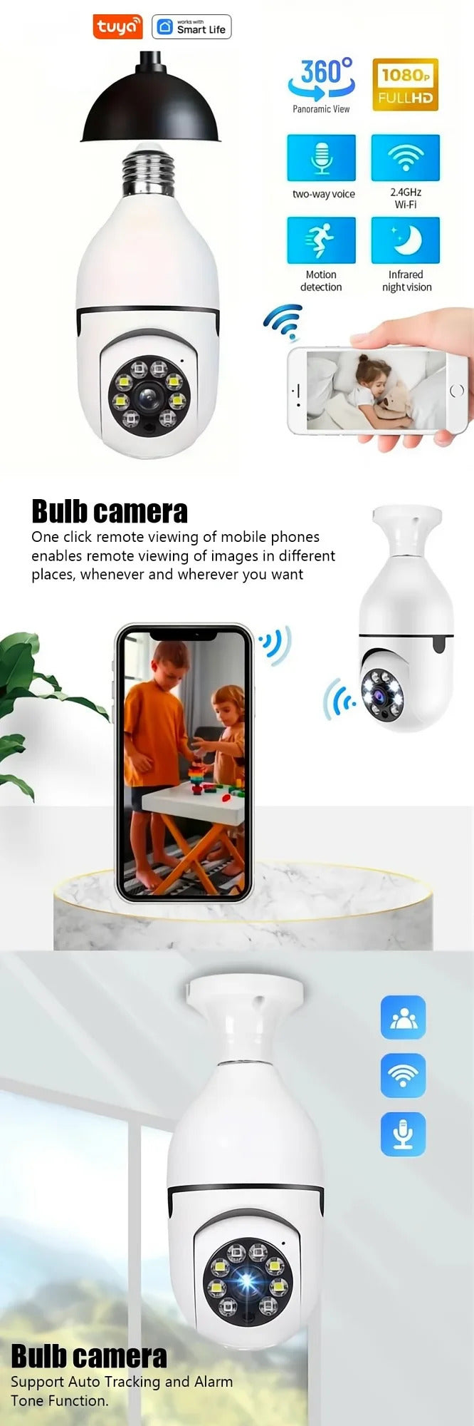 Image of Tuya smart WiFi E27 light bulb camera with two-way audio and motion detection