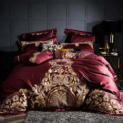 1000TC luxury Egyptian cotton duvet cover set with embroidery in red and grey