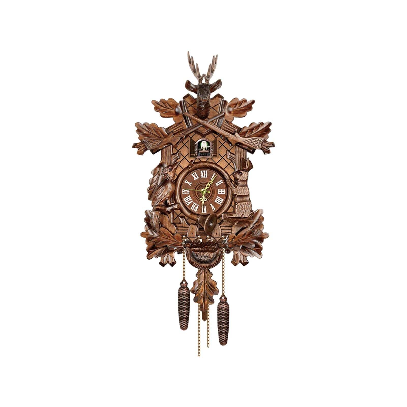 Antique wooden cuckoo wall clock with bird time bell swing alarm