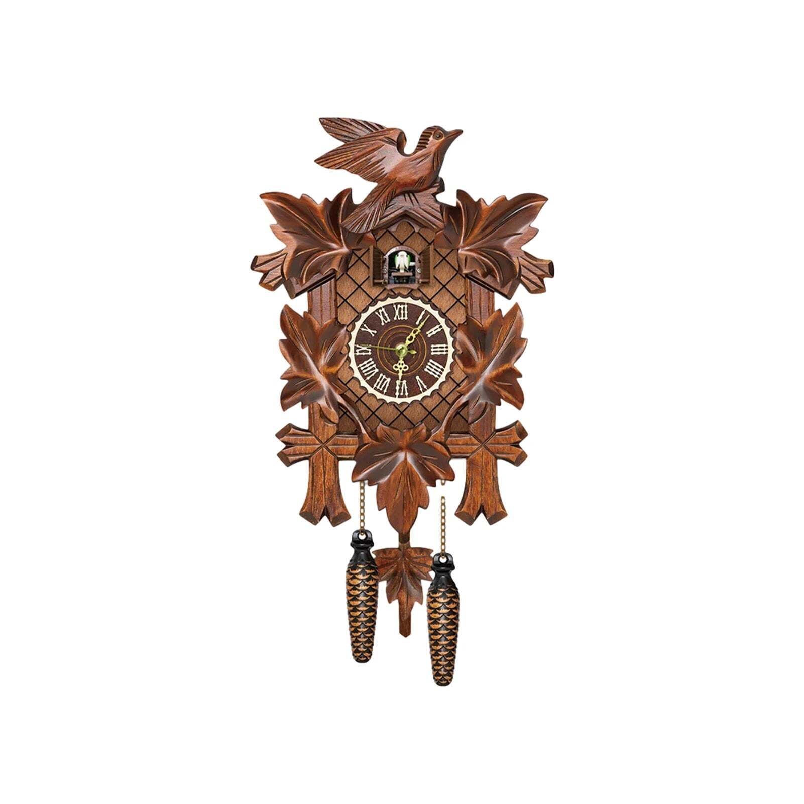 Antique wooden cuckoo wall clock with bird time bell swing alarm