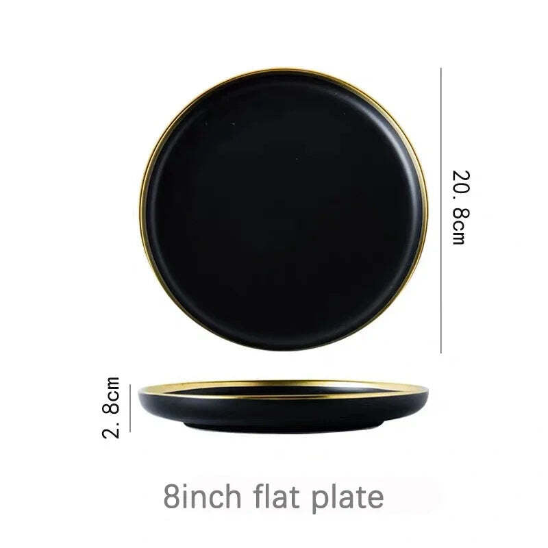 Black porcelain dinnerware set with gold rim for home and restaurant