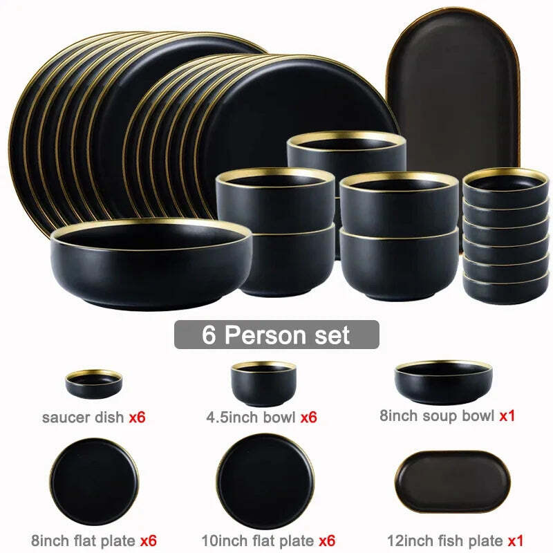 Black porcelain dinnerware set with gold rim for home and restaurant