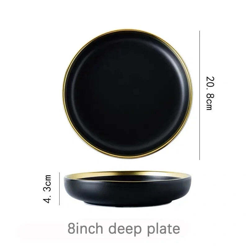 Black porcelain dinnerware set with gold rim for home and restaurant