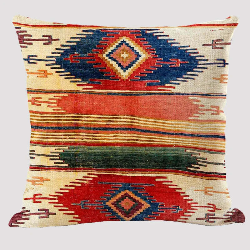 Bohemian patterned linen cushion cover with abstract ethnic geometry design