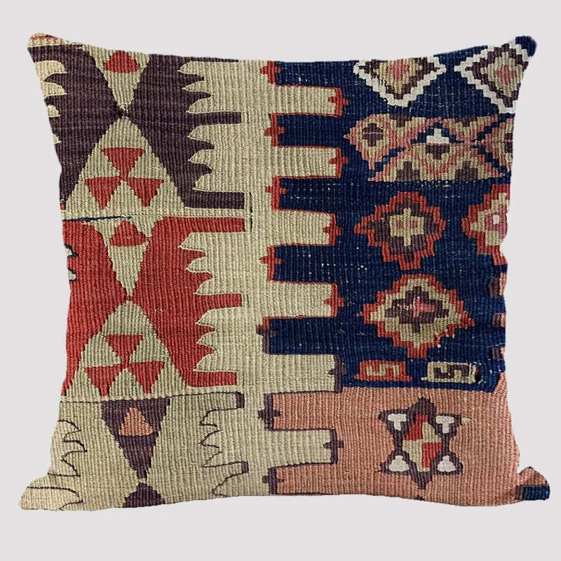 Bohemian patterned linen cushion cover with abstract ethnic geometry design