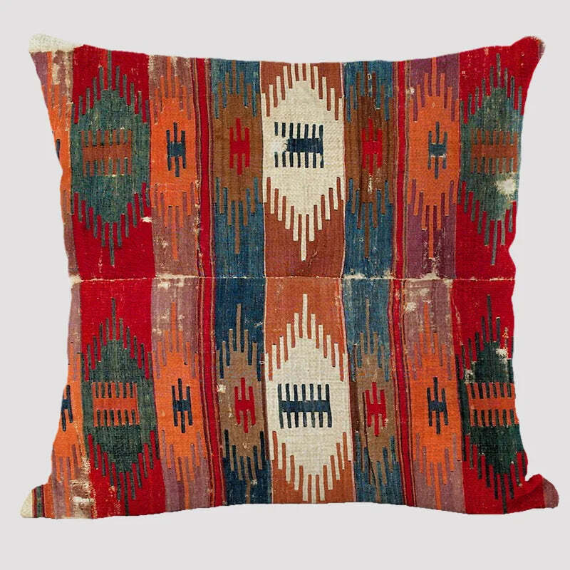 Bohemian patterned linen cushion cover with abstract ethnic geometry design