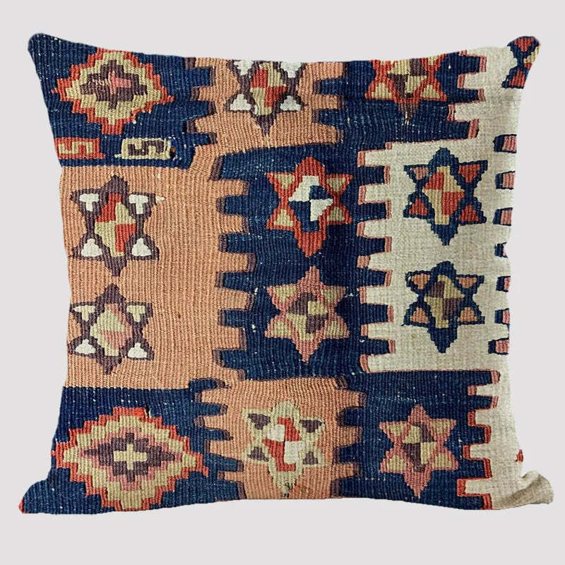 Bohemian patterned linen cushion cover with abstract ethnic geometry design