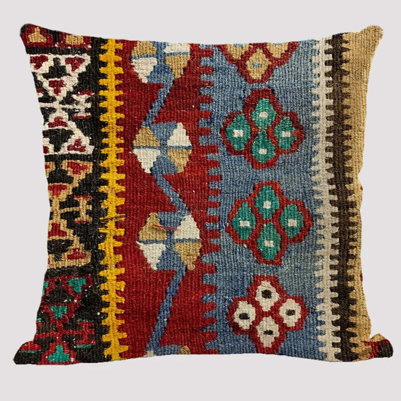 Bohemian patterned linen cushion cover with abstract ethnic geometry design