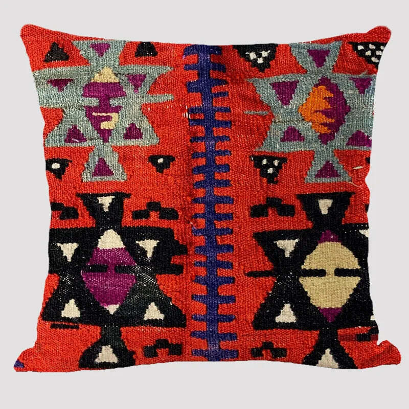 Bohemian patterned linen cushion cover with abstract ethnic geometry design