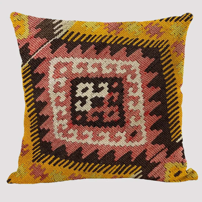 Bohemian patterned linen cushion cover with abstract ethnic geometry design