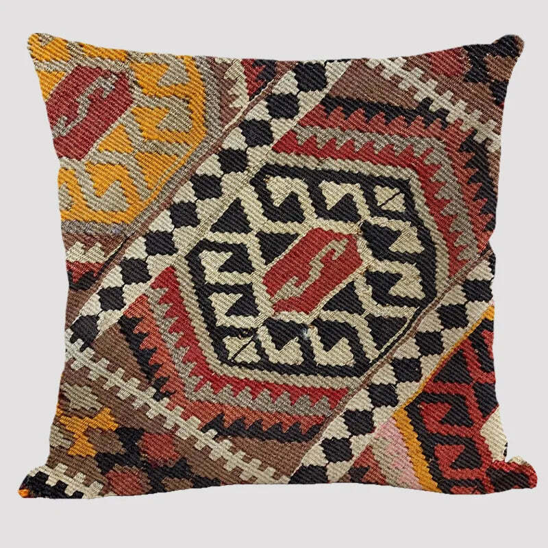 Bohemian patterned linen cushion cover with abstract ethnic geometry design